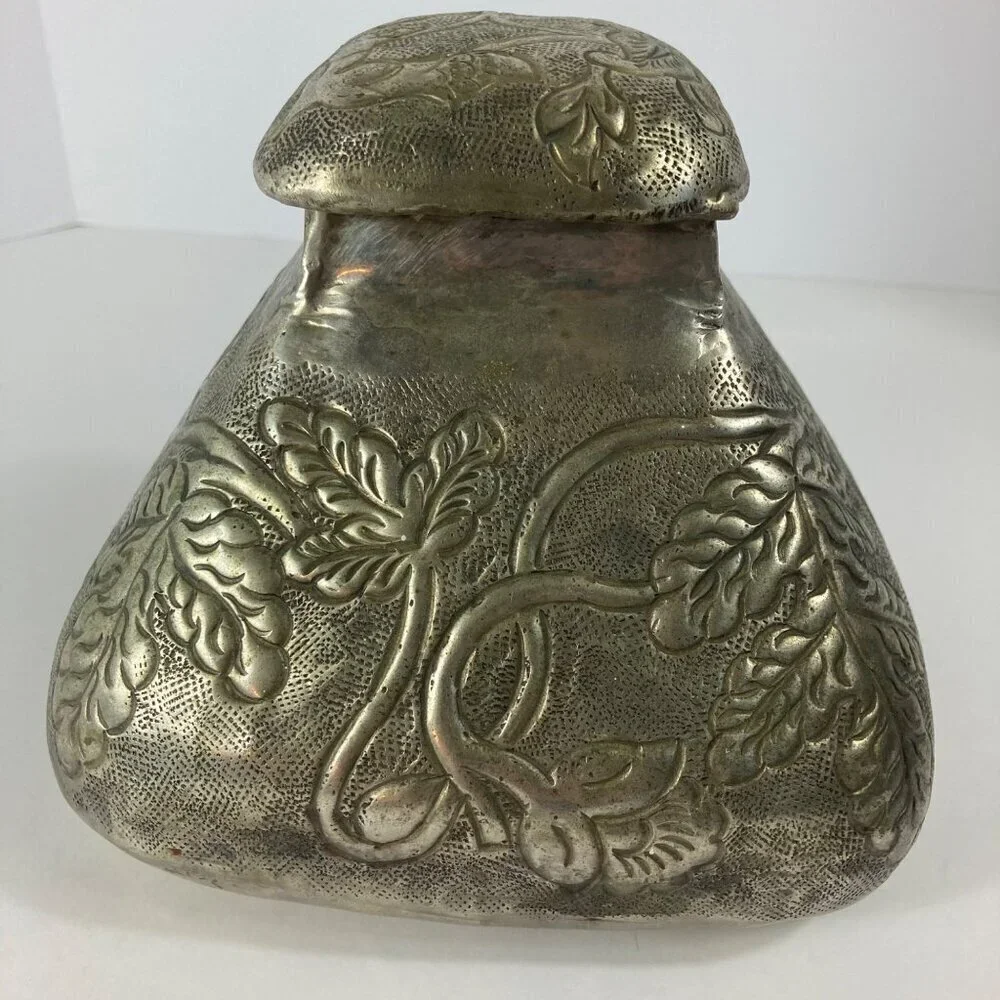 Ornate Indian Handtooled White Brass Flat Top Triangular Pot Lid Made in India 6